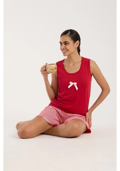Kadın Kırmızı Kurdele Detaylı Çizgili Şortlu Pijama Takımı modelleri