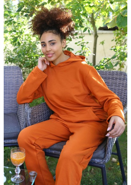 Kadın Pamuk Kapşonlu Cepli 3 Iplik Kiremit Eşofman Takım fiyatları