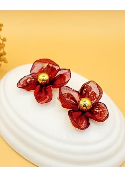 Bordo Tül Detaylı Çiçek Gold Küpe