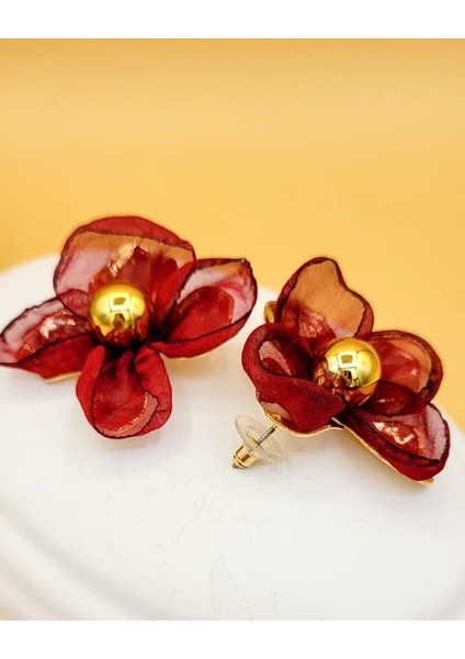 Bordo Tül Detaylı Çiçek Gold Küpe fiyatları