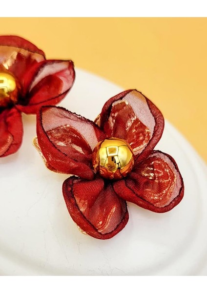 Bordo Tül Detaylı Çiçek Gold Küpe modelleri