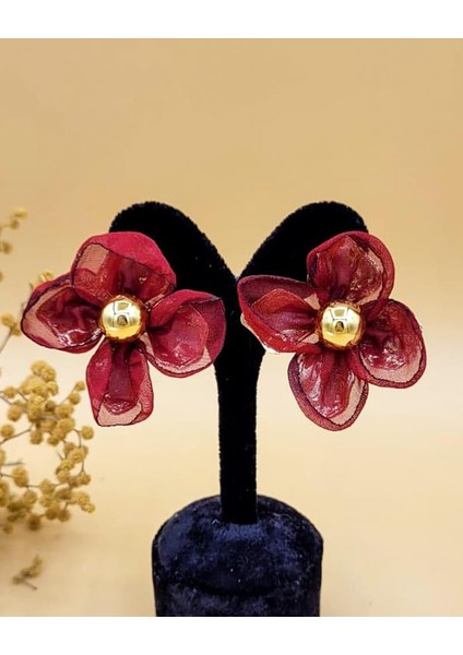 Bordo Tül Detaylı Çiçek Gold Küpe fırsatları