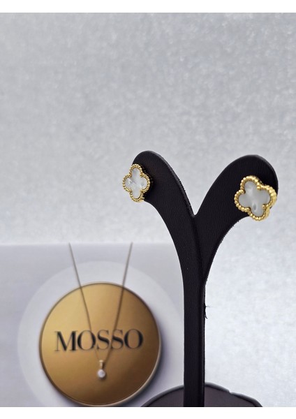 Yonca Model Beyaz Gold Renk Çelik Küpe modelleri