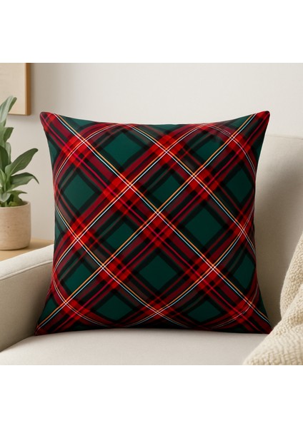 Renkli Ekoseli Yılbaşı Kırlent Kılıfı 43X43 Cm, Dekoratif Noel Yastığı