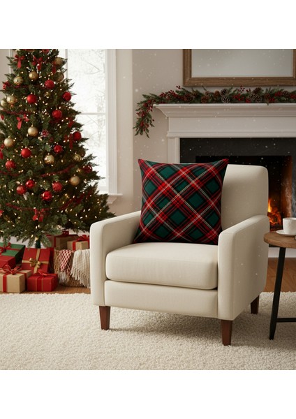 Renkli Ekoseli Yılbaşı Kırlent Kılıfı 43X43 Cm, Dekoratif Noel Yastığı fiyatları