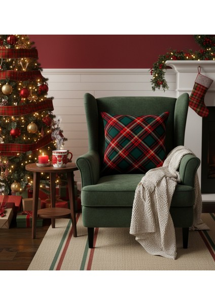 Renkli Ekoseli Yılbaşı Kırlent Kılıfı 43X43 Cm, Dekoratif Noel Yastığı modelleri