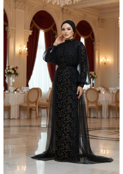 Pul Payetli Gold Tesettür Abiye Elbise 54410GOLD fırsatları