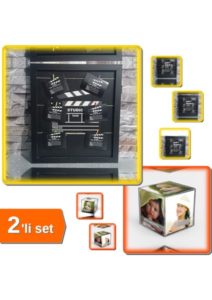 Klaket Tasarımlı Ipli ve Mandallı Fotoğraf Çerçevesi + Kübik Çerçeve - 2li Set P0M9Z9