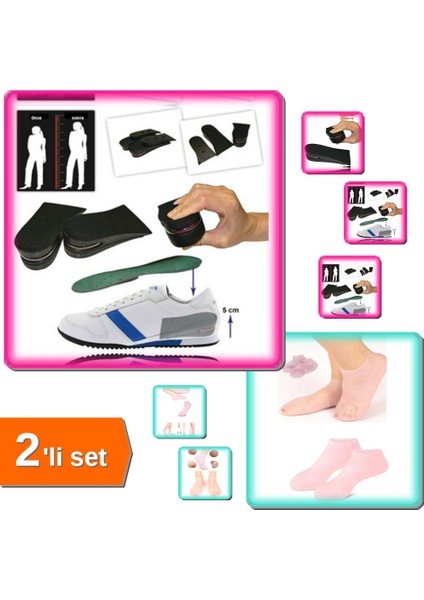 1 Çift Hava Yastıklı Boy Uzatıcı Tabanlık + 1 Çift Silikon Jel Topuk Nemlendirici - 2li Set X2T8P2