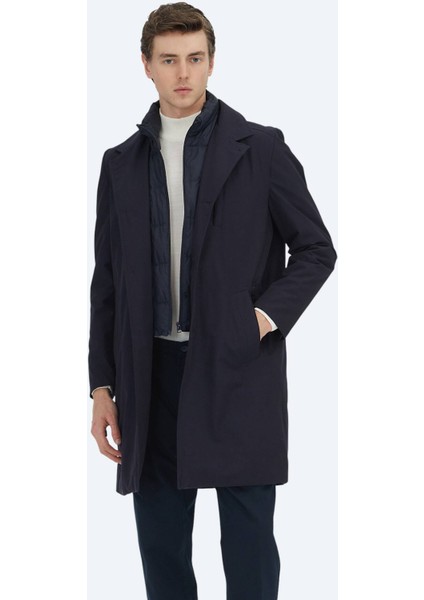 Lacivert Regular Fit Kruvaze Yaka Casual Dokuma Pardesü