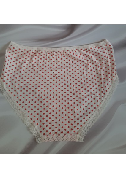 Krem Üzerine Kırmızı Puantiyeli %100 Pamuk Yüksek Bel Büyük Beden Tutku Bato Kadın Külot
