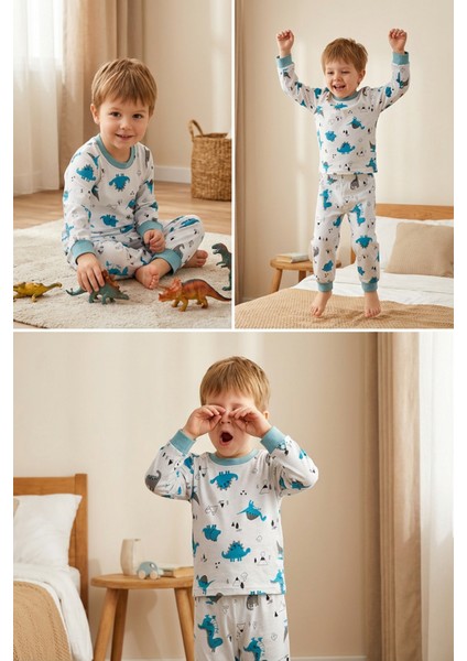 Erkek Çocuk Pamuklu Uzun Kollu Pijama Takımı Dinazor 5-6 Yaş