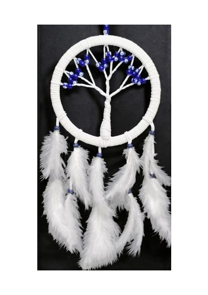 Beyaz Kuş Tüylü Cam Nazar Boncuklu Hayat Ağacı Duvar Dekoru