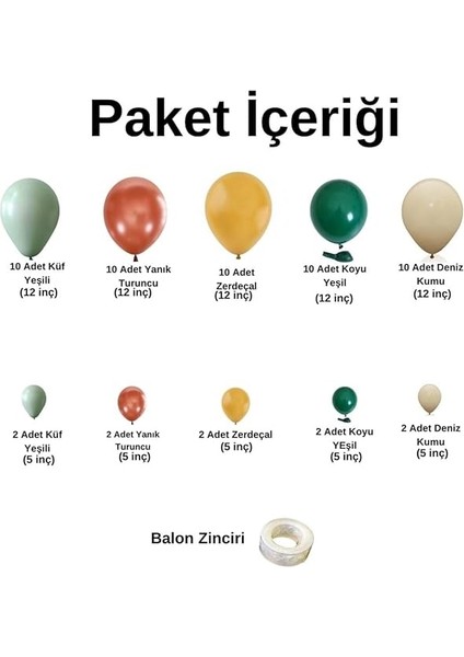 Pazarı Zincir Balon Seti Küf Yeşili-Yanık Turuncu-Zerdeçal-Koyu Yeşil-Deniz Kumu 60ADET Balonşeridi fiyatları