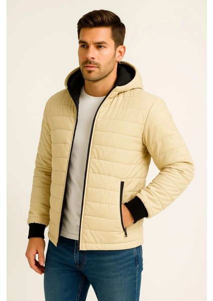 Erkek Şişme Kapüşonlu Fermuarlı Mont Su Itici Kapitone Astarlı Kumaş Cepli Kışlık Rahat Ka