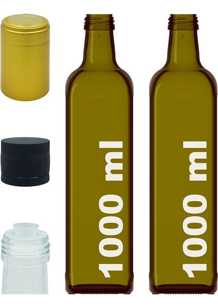1000 ml Yeşil Maraska Yağdanlık Kapaklı ve Kapüşonlu 1000 cc Köşeli Cam Şişe 2 Adet