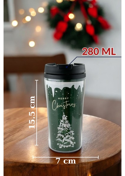 Yeşil Noel Temalı Kahve Bardağı, Termos, Mini Kar Küresi ve Yılbaşı Hediye Seti