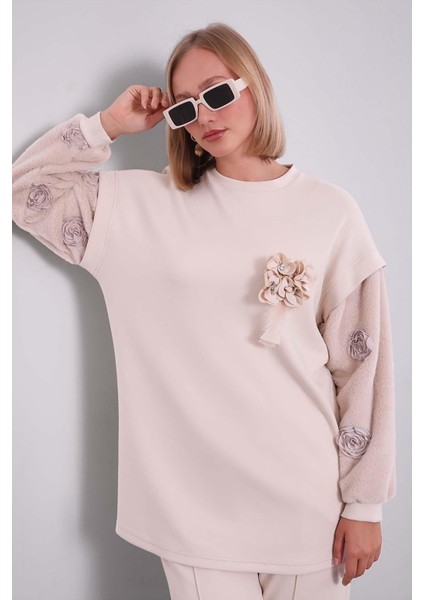 Krem Kürk Kol Detaylı Ikili Takım modelleri