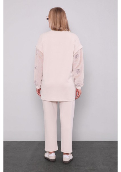 Krem Kürk Kol Detaylı Ikili Takım