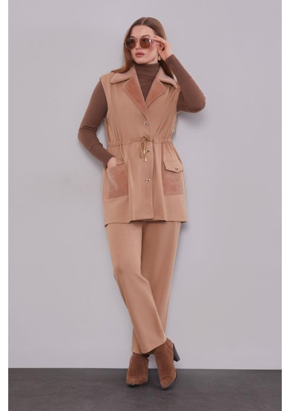 Camel Kürk Yaka Detaylı Yelek Takım