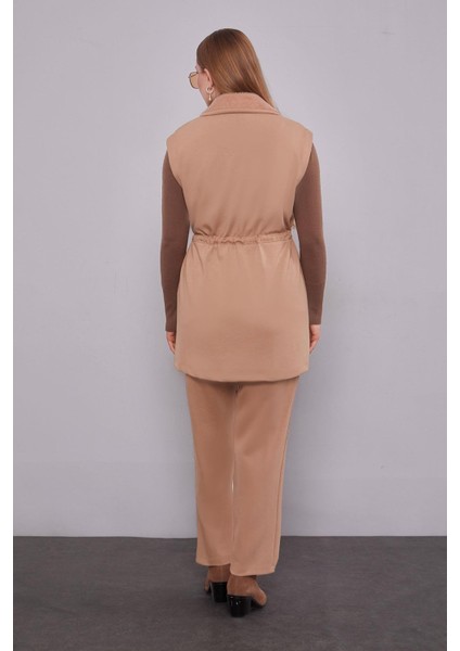 Camel Kürk Yaka Detaylı Yelek Takım