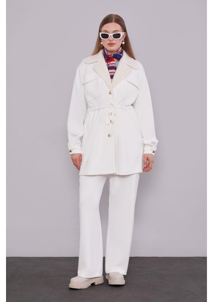 Ekru Kruvaze Kürk Yakalı Ikili Takım