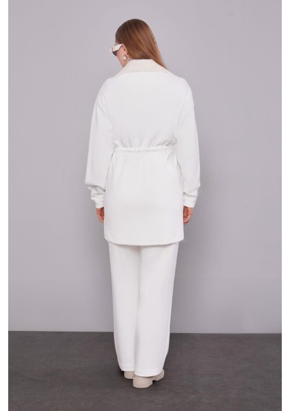 Ekru Kruvaze Kürk Yakalı Ikili Takım