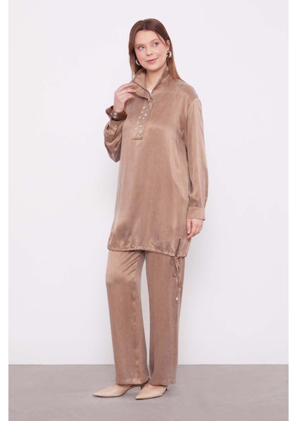 Vizon Dik Yaka Düğme Detaylı Cupra Ikili Takım fiyatları