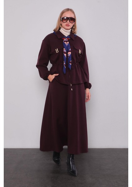 Bordo Gold Fermuar Detaylı Etek Takım