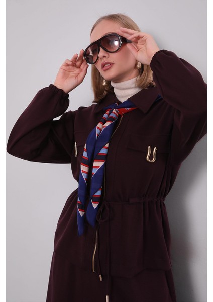 Bordo Gold Fermuar Detaylı Etek Takım modelleri