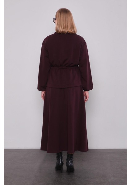 Bordo Gold Fermuar Detaylı Etek Takım