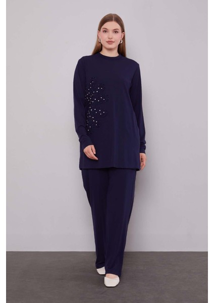 Lacivert Kenar Desen Detaylı Taşlı Ikili Takım