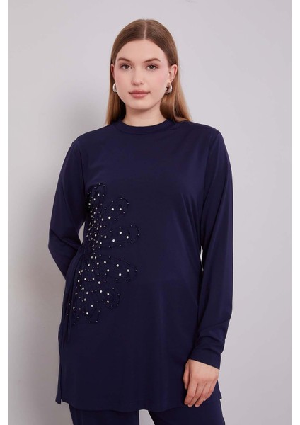 Lacivert Kenar Desen Detaylı Taşlı Ikili Takım modelleri