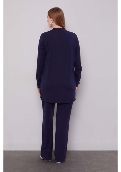 Lacivert Kenar Desen Detaylı Taşlı Ikili Takım