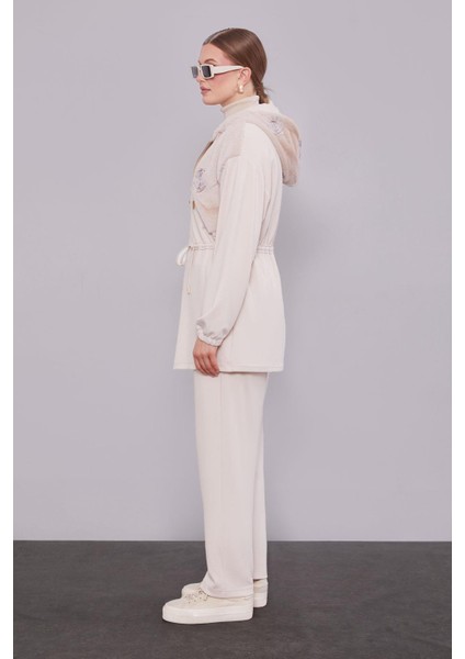 Krem Gül Detaylı Bel Büzgülü Ikili Takım modelleri