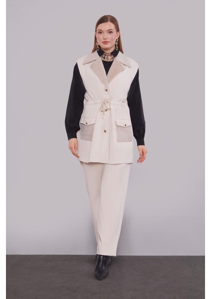 Krem Kürk Yaka Detaylı Yelek Takım