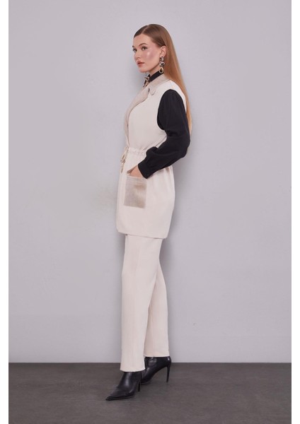 Krem Kürk Yaka Detaylı Yelek Takım fiyatları