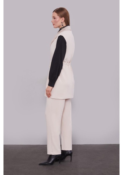 Krem Kürk Yaka Detaylı Yelek Takım modelleri