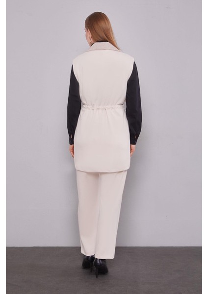 Krem Kürk Yaka Detaylı Yelek Takım