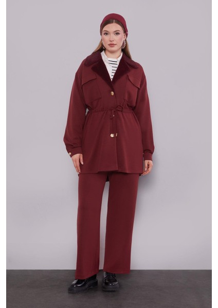 Bordo Kruvaze Kürk Yakalı Ikili Takım