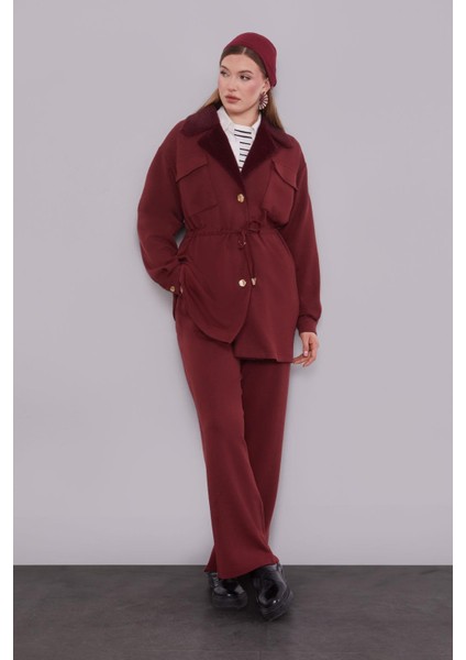 Bordo Kruvaze Kürk Yakalı Ikili Takım fiyatları