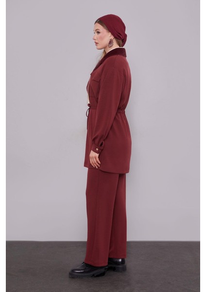 Bordo Kruvaze Kürk Yakalı Ikili Takım modelleri