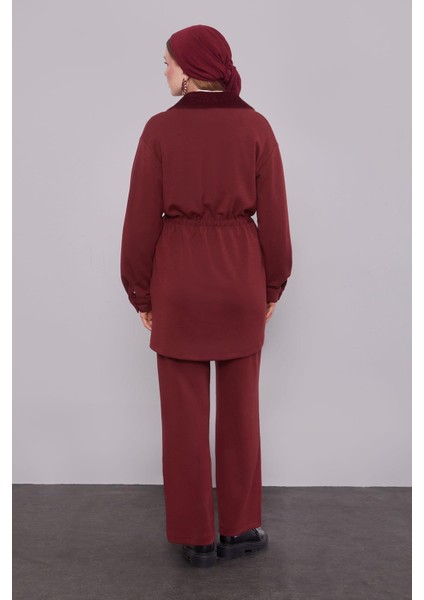 Bordo Kruvaze Kürk Yakalı Ikili Takım