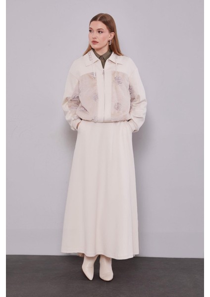 Krem Yaka Taşlı Gül Detay Etek Takım fiyatları