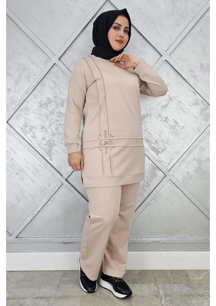 Kadın Taş Detaylı Nervür Dikim Tesettür Takım