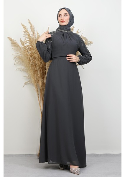 Semra Tesettür Elbise Koyu Gri