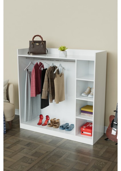 4 Rafli Mini Gardırop Askılıklı Vestiyer Çok Amaçlı Kapaksız Elbise Dolabı