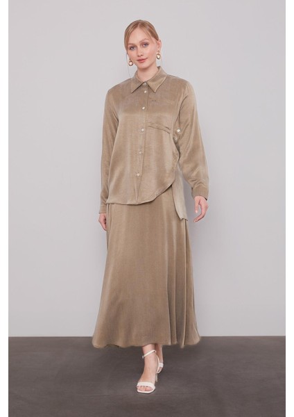 Haki Çapraz Düğme Detay Cupra Etek Takım