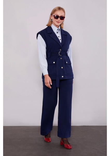 Lacivert Metal Kuşak Detaylı Ikili Takım