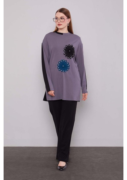 Siyah-Antrasit Çift Çiçek Motifli Ikili Takım